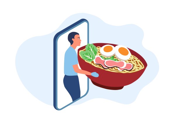 网上送餐回家。移动网络应用程序。送货员拿着面条碗为客户矢量图图片下载