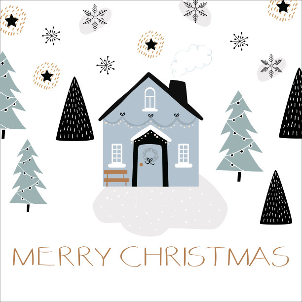 圣诞节冬天的背景有房子，圣诞树，星星和文字。完美的壁纸，背景，礼品卡，冬季装饰和假日设计。矢量插图。图片下载
