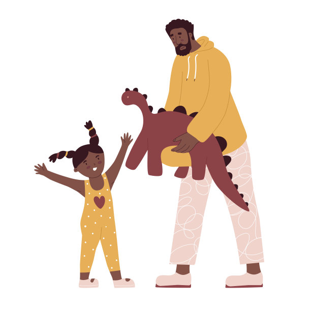 父亲给女儿一个玩具恐龙。孩子的幸福。矢量插画扁平风格。家庭日，儿童教育，单亲父亲，黑皮肤人。隔离在白色背景上。图片下载