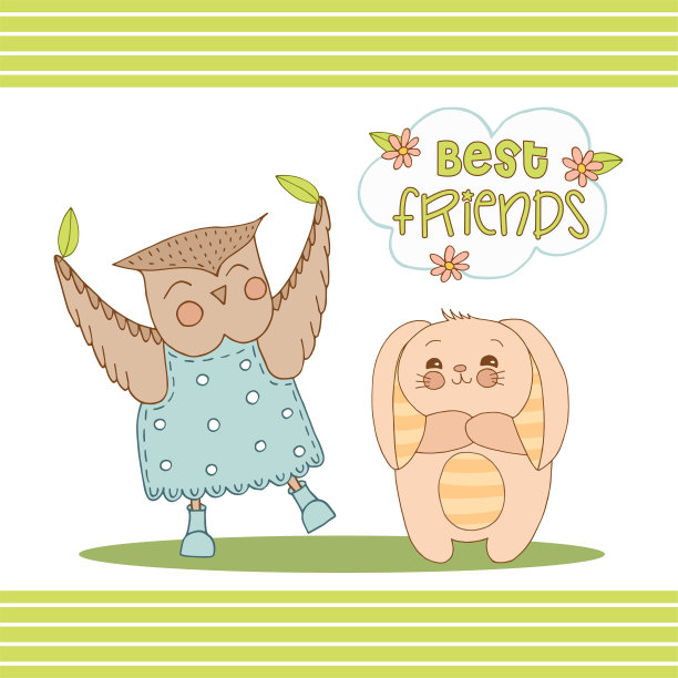 手画可爱的动物与字母。有条纹耳朵和肚子的兔子，穿着带圆点的蓝色裙子和靴子的猫头鹰，花和叶子。最好的朋友。白色背景。向量。图片下载