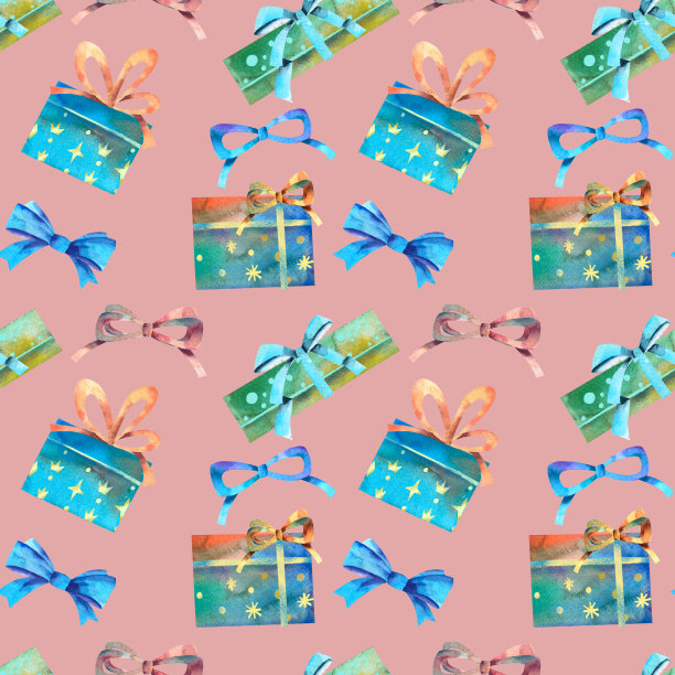圣诞背景与礼品盒和蝴蝶结水彩画。图片下载