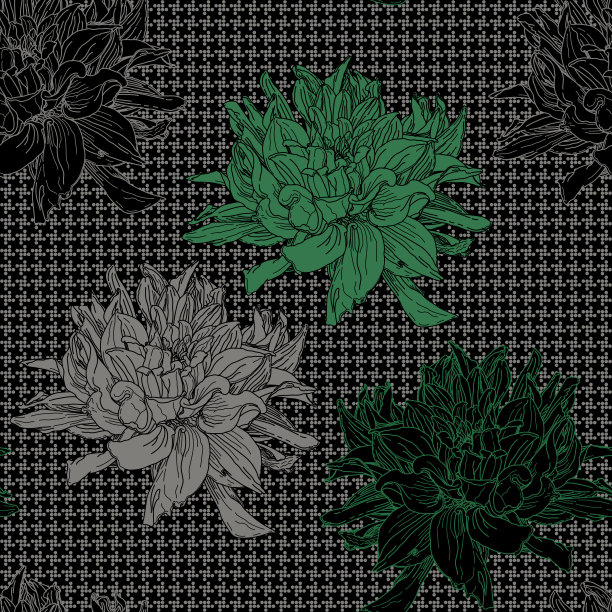 黑白相间的鹅蹄图案，由小圆圈缀着绿色的菊花花。猎犬齿半色调印花，鸡爪，派去poule图案背景图片下载