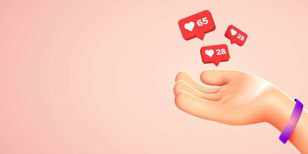 卡通手握飞像标志。社交媒体营销，比如通知。图片下载