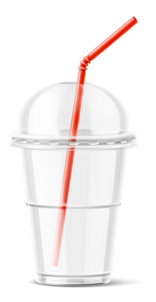 逼真的透明塑料杯与圆顶盖和红色吸管图片下载