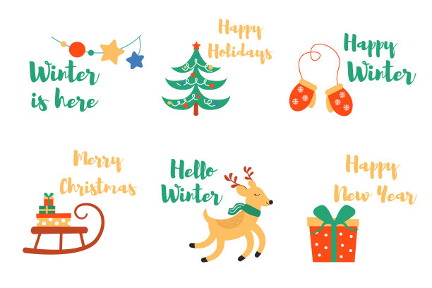 一套新年和圣诞节元素与字母。完美的产品设计，贴纸，装饰。矢量插图。图片下载