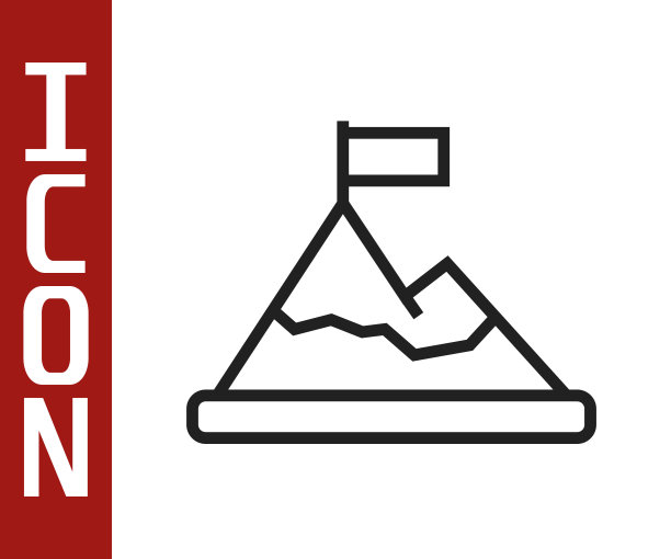 黑线山脉与旗帜在顶部图标孤立的白色背景。象征胜利或成功的概念。目标的成就。向量图片下载