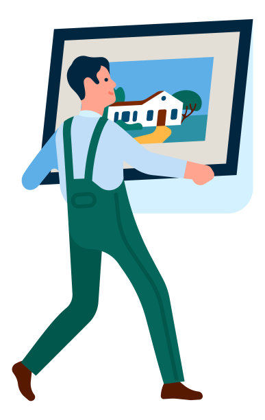 一名男子手持相框中的照片。修理工在墙上挂风景图片下载