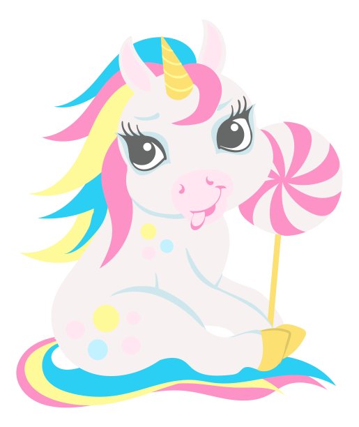 可爱的独角兽拿着棒棒糖。魔法动物拿着糖果图片下载