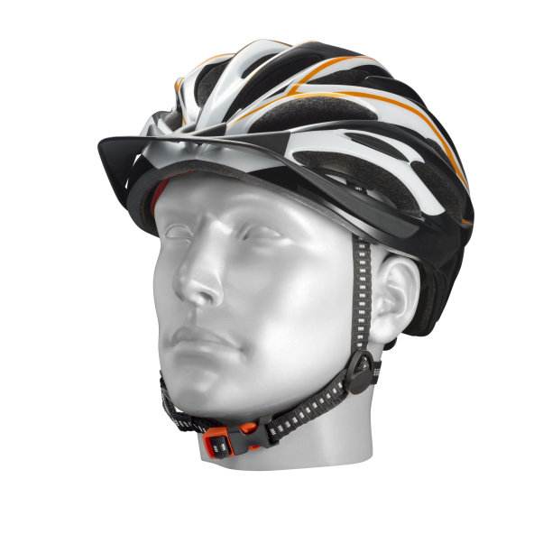 黑、白、黄相间的自行车头盔戴在一个男性人体模型头上，与世隔绝图片下载