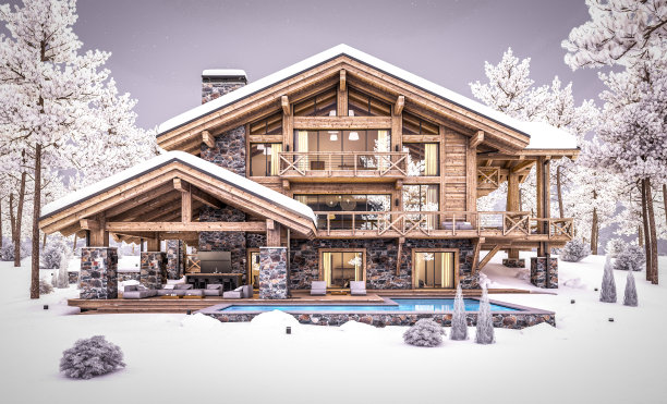 冬日夜晚现代舒适小屋的三维渲染图片下载