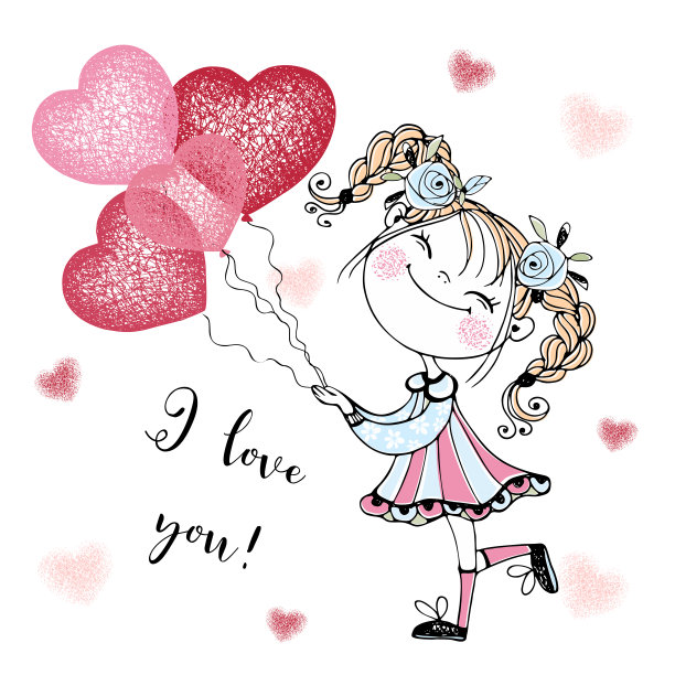 情人节卡片。有心形气球的可爱女孩。我爱你。向量图片下载