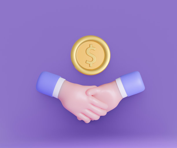 3d卡通握手与金币图标紫色背景。3 d渲染图图片下载