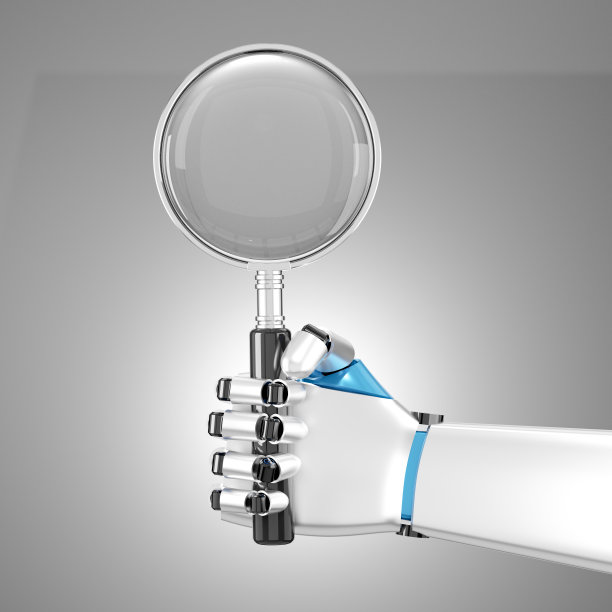 机器人手拿放大镜。技术搜索引擎关键字。带有剪切路径的图像。3D插图渲染图像。图片下载