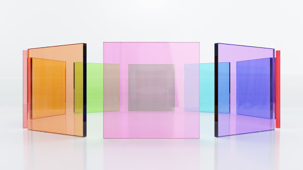 3d渲染插图，彩色玻璃方片在白色背景上以圆形排列。形象展示。图片下载