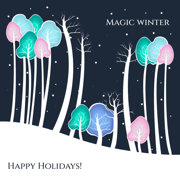 神奇的冬季森林在蓝色的背景。节日快乐!圣诞快乐，新年快乐!为贺卡、横幅、印刷品、营销和社交网络绘图。图片下载