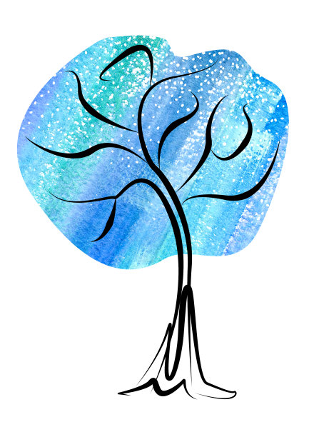 冬季树线艺术风格与水彩蓝色和绿松石圈顶部图片下载