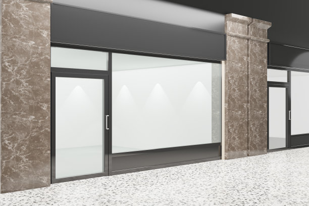 空荡荡的店面。设计与黑色铝和玻璃大理石地板。3 d图呈现。图片下载