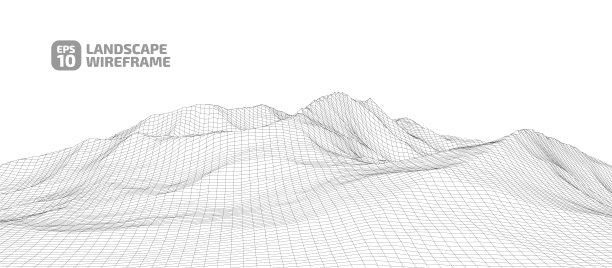 抽象物体在高原景观线框网格。网络、计算机图形。图片下载