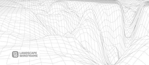 抽象物体在高原景观线框网格。网络、计算机图形。图片下载