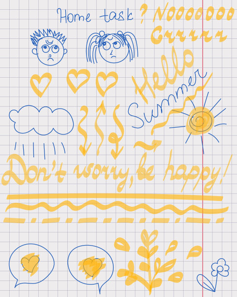 在学校笔记本的页边空白处用记号笔和钢笔涂鸦和题词。草图、中风、箭头,不同的元素。图片下载