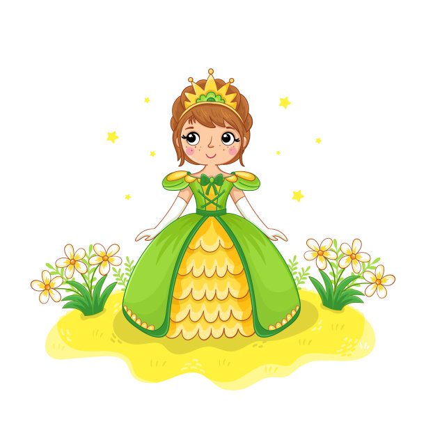 卡通风格的可爱女孩。公主穿着美丽的绿色连衣裙站在草地上。矢量插图。图片下载