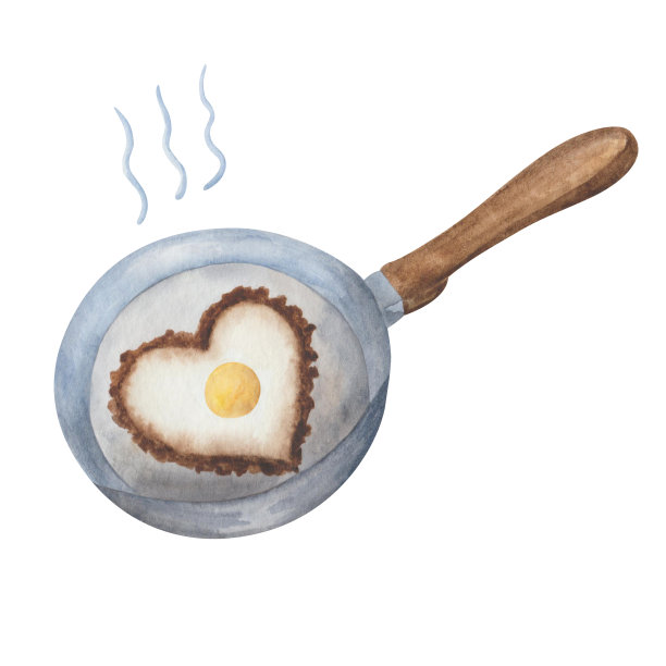 水彩手绘煎锅，以煎蛋心的形式孤立在白色上图片下载