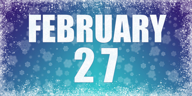 冬季蓝色梯度背景与雪花和雾凇框架和日历与日期2月27日，横幅。图片下载