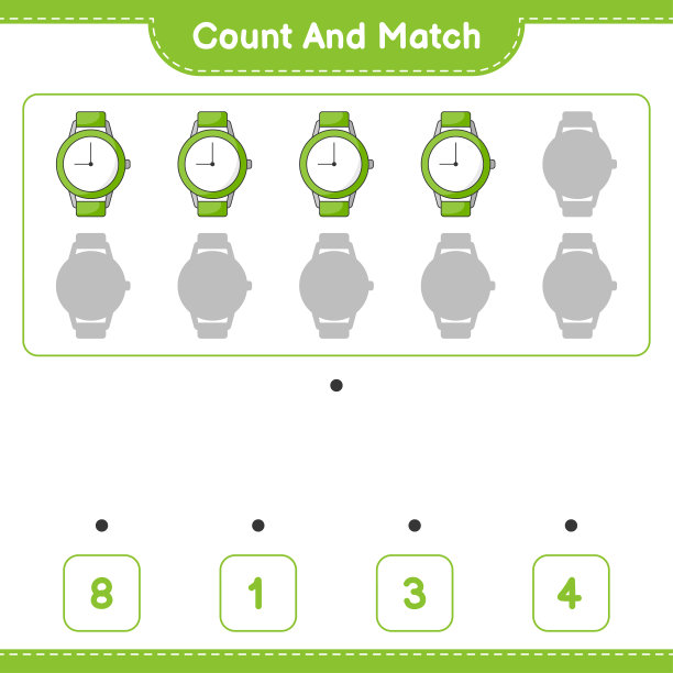 数数并匹配，数数手表的数量并与正确的数字匹配。教育儿童游戏，可打印的工作表，矢量插图图片下载