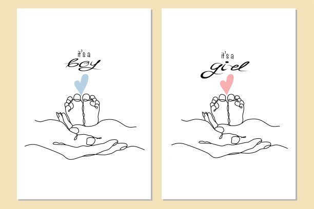 是男孩还是女孩。向量一行艺术插图的一个新出生的婴儿脚跟，母亲和父亲抱着一个新出生的婴儿图片下载