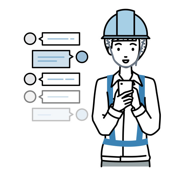 在建设现场工作的一名妇女站在那里，看着手中的智能手机，用sns聊天图片下载