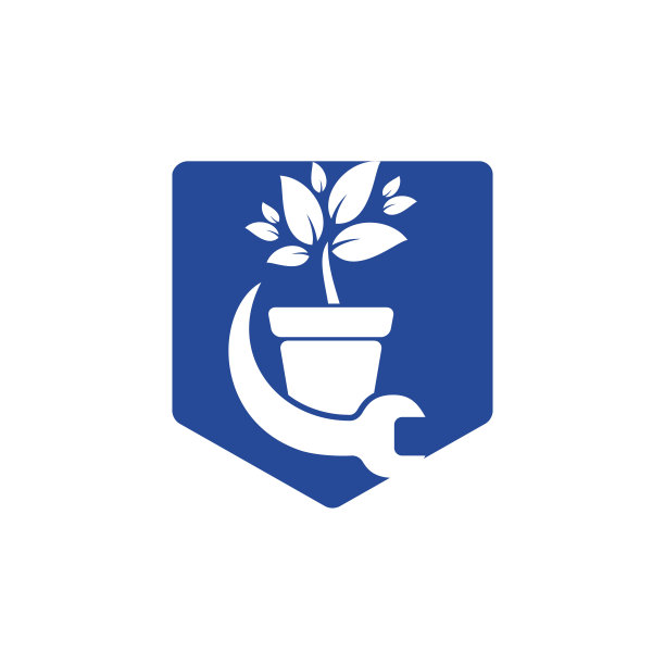 花园固定矢量标志概念。花盆和扳手标志图标。图片下载