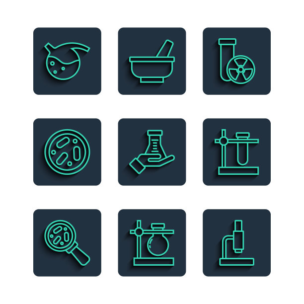 在放大镜下放置微生物，在支架上放置试管瓶，显微镜，辐射，有细菌的皮氏培养皿，图标。向量图片下载