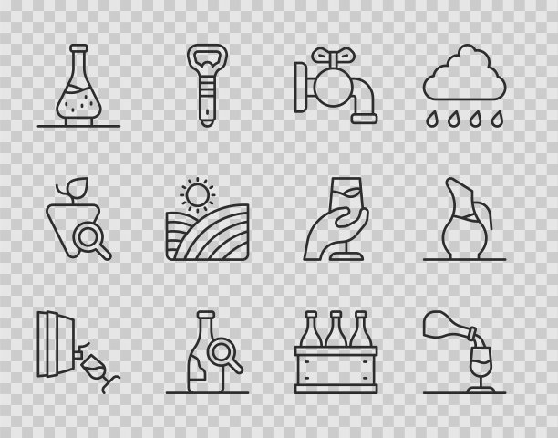 设置线葡萄酒品尝，品尝，桶水龙头，葡萄酒瓶，Decanter，葡萄园葡萄，瓶盒和图标。向量图片下载