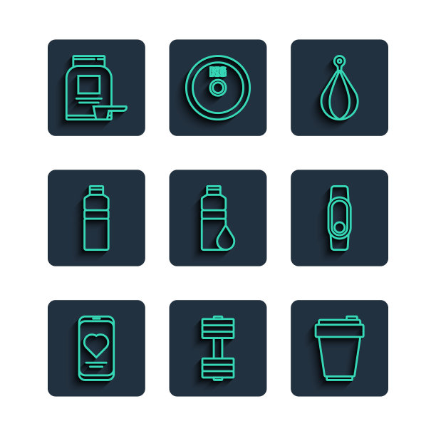 设置线移动与心率，哑铃，健身摇床，拳击袋，运动营养和智能手表图标。向量图片下载