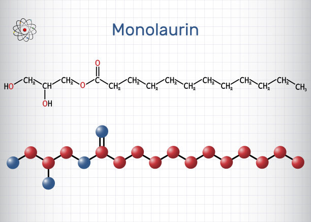 月桂酸甘油，月桂酸甘油酯分子。它是一甘酯和十二酸酯，用作化妆品中的表面活性剂。结构式，分子模型。笼子里的一张纸图片下载
