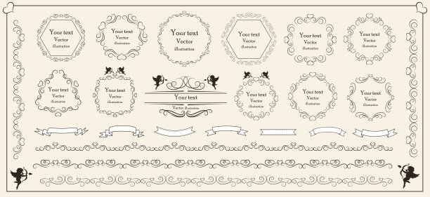 书法设计元素。装饰性的漩涡和卷轴，复古的框架，装饰，标签和分隔。情人节特别包装设计元素。复古的矢量插图。图片下载