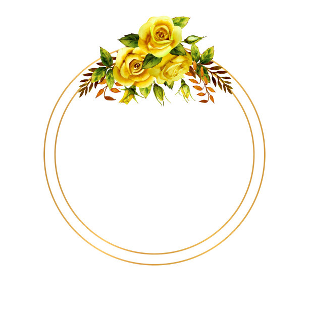 几何金色框架与一束水彩黄色玫瑰图片下载