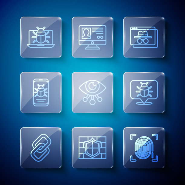设置线链，砖墙屏蔽，指纹，浏览器隐身窗口，眼睛扫描，手机系统bug，监视器和图标。向量图片下载