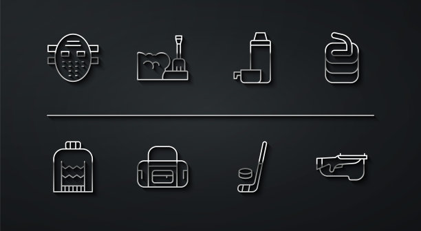 设置线曲棍球面具，圣诞毛衣，石冰壶，冰球棍和冰球，运动袋，铲雪堆，冬季两项步枪和热水瓶容器图标。向量图片下载