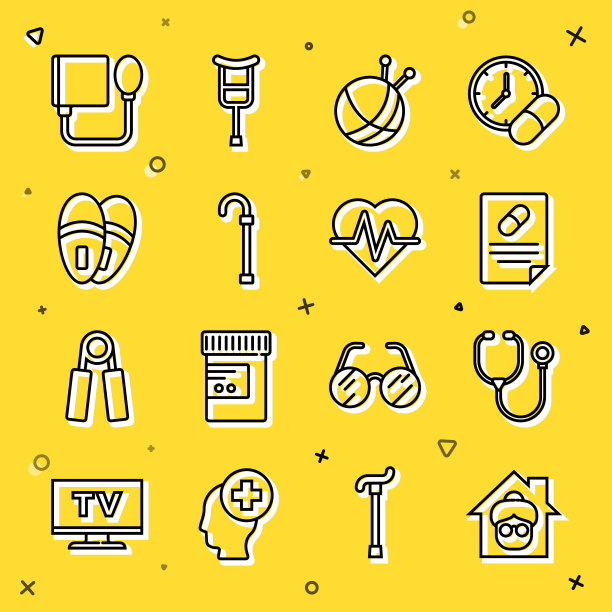 设置线养老院，听诊器，医疗处方，针织针纱线球，手杖手杖，拖鞋，血压和心率图标。向量图片下载