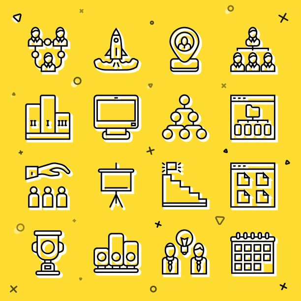 设置行日历，浏览器文件，工人位置，计算机显示器，奖状超过获奖者领奖台，项目团队基地和层次组织图图表图标。向量图片下载