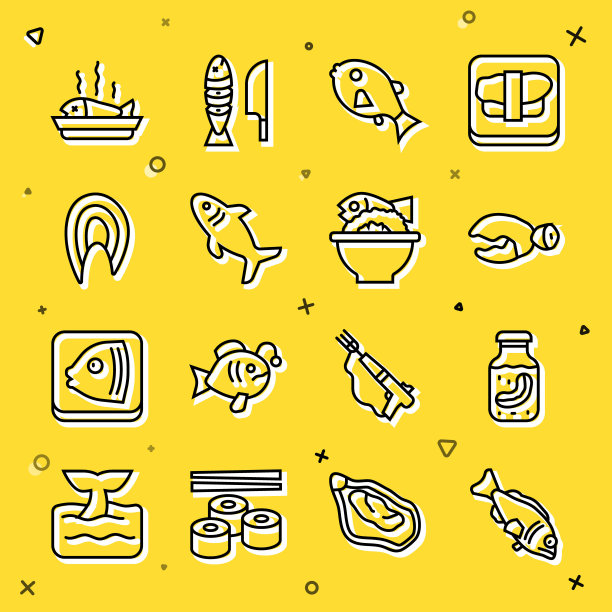 设置线鱼，海参在坛子，龙虾或蟹爪，热带鱼，鲨鱼，牛排，盘子和碗图标。向量图片下载