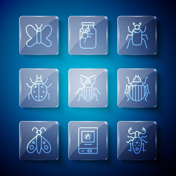 设定线蝴蝶，关于昆虫的书，鹿甲虫，虫子，金龟子甲虫，螨虫，和科罗拉多的图标。向量图片下载