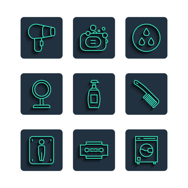 套装男性卫生间，刀片剃须刀，洗衣机，水滴，液体肥皂瓶，圆形化妆镜，吹风机和发刷图标。向量图片下载