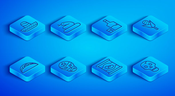 设置线墨西哥帽，蛇，龙舌兰瓶和玻璃，摔跤手，豆子在，玉米，玉米薄饼和骷髅图标。向量图片下载