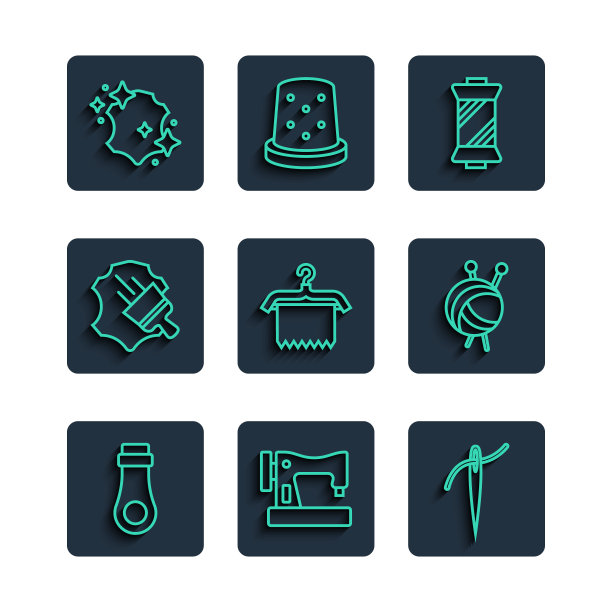 设置线拉链，缝纫机，针与线，在卷轴，衣架衣柜，皮革，和纱线球针织针图标。向量图片下载