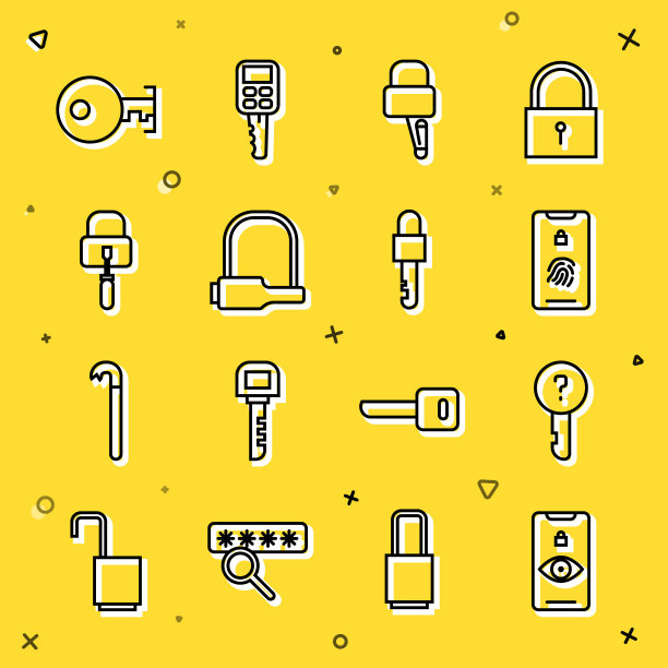 设置线眼扫描，未定义的钥匙，移动指纹，锁拨锁，自行车，钥匙和锁图标。向量图片下载
