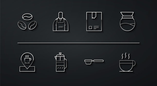 设置线咖啡豆，位置与咖啡杯，倒在maker，过滤器持有人，法国压，咖啡师，和袋图标。向量图片下载