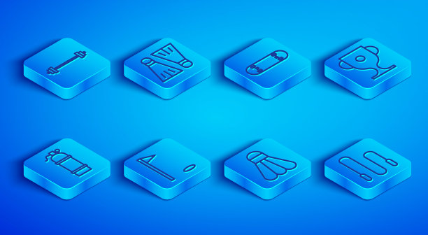 设置线杠铃，游泳橡皮鳍，滑板诡计，高尔夫旗，羽毛球毽子，奖品杯，水轮和跳绳图标。向量图片下载