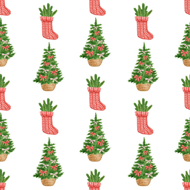 水彩冬季无缝图案。手绘装饰圣诞树和红色圣诞袜与云杉树枝孤立在白色的背景。新年节日重复设计为包装纸。图片下载